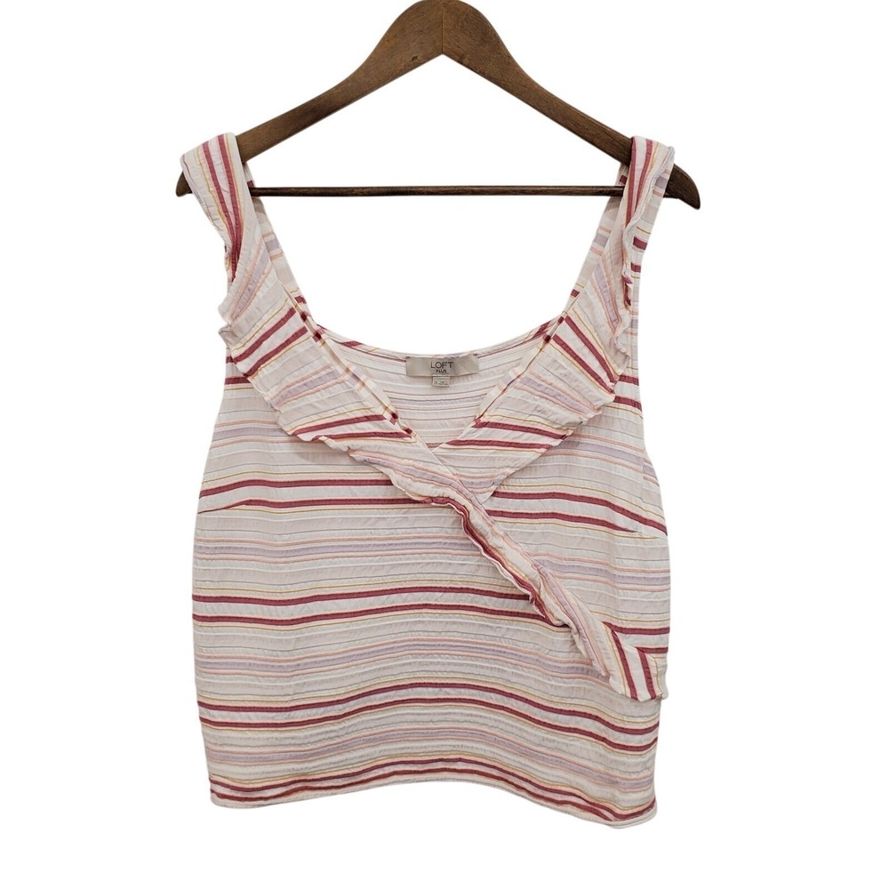 LOFT Plus Striped Sleeveless Ruffle Tank Top Size 20 Pink White Lightweight